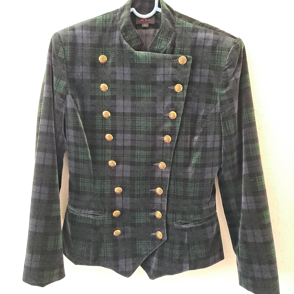 Women's Double-brested Plaid Cotton Velvet Military Jacket